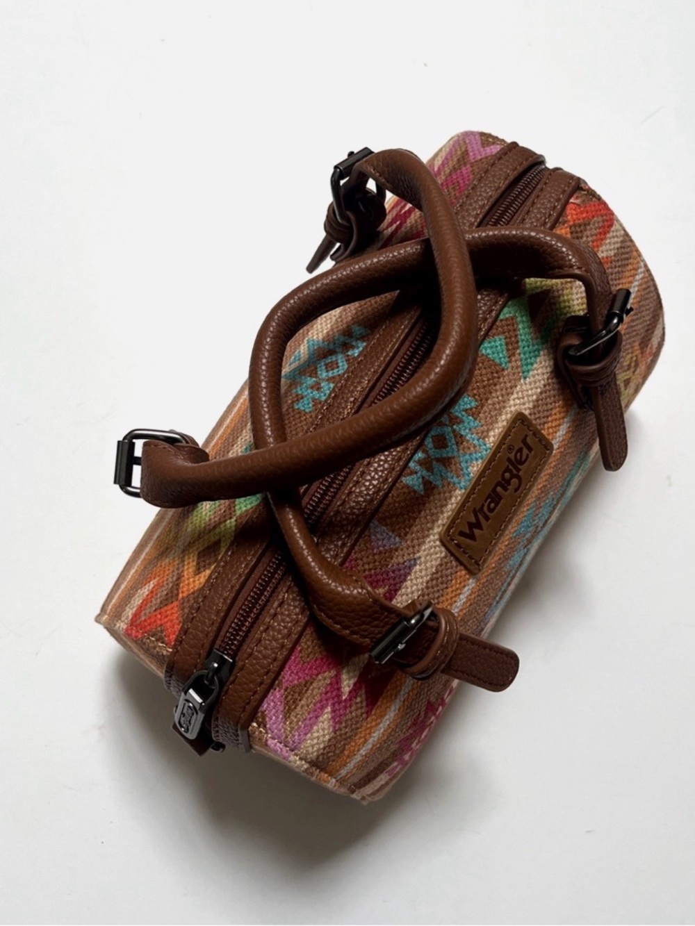 Wrangler Multicolor Aztec-Patterned Brown Canvas Satchel - Picture 5 of 9